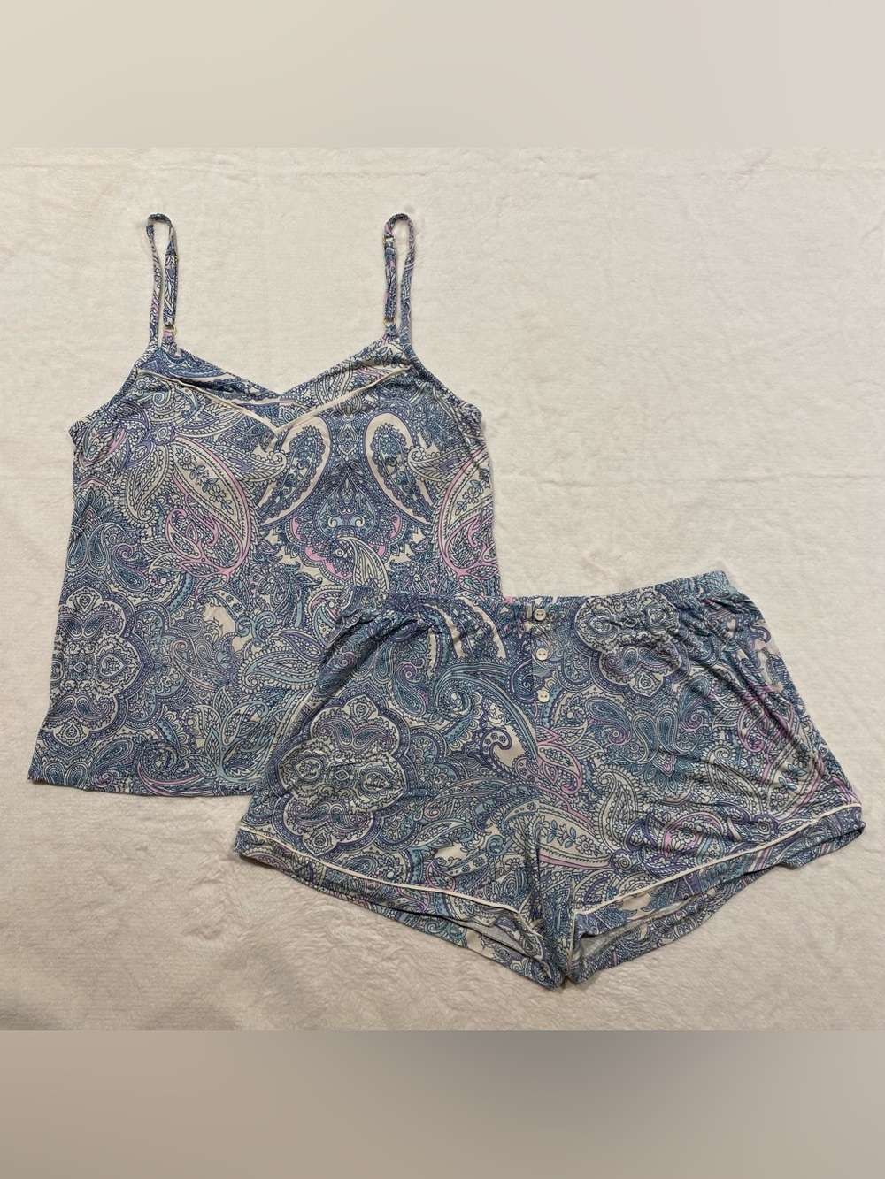 (M) Soma Cool Nights Printed Piped Pajama Cami Shorts Set Paisley Cream Blue - Picture 2 of 16